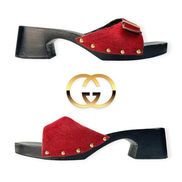 GUCCI | 5.5 | Red Ponyhair Gold Buckle Studded Wood Block Heel Slide Sandals - Picture 5 of 12